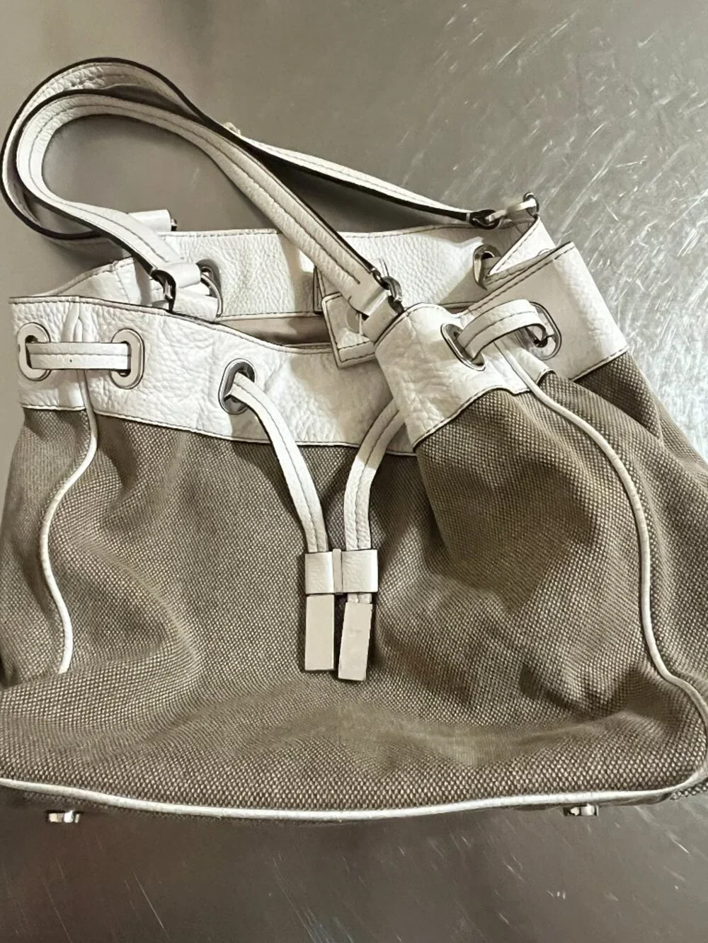 MICHAEL KORS Tan & White Marina Canvas Drawstring Bucket Bag